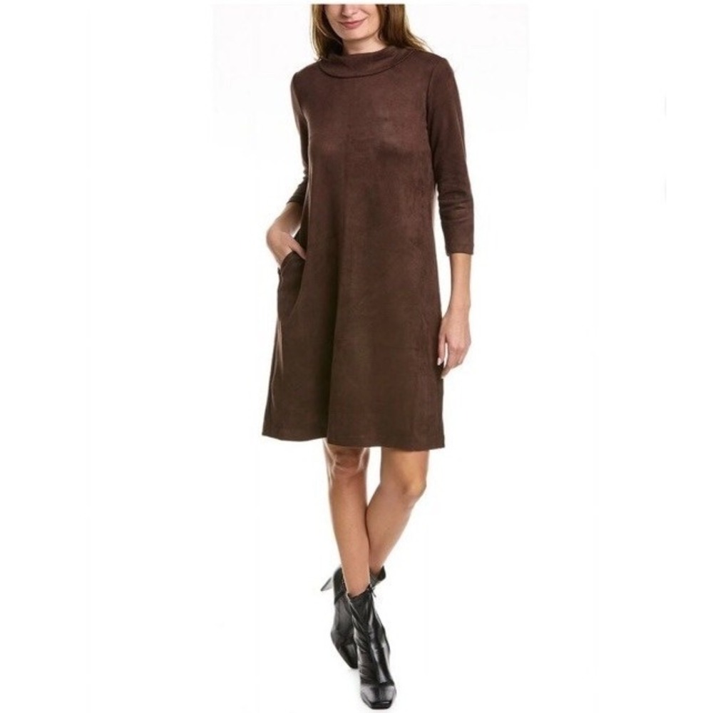 J.McLaughlin Brown Faux Suede Funnel Neck Shift Dress 3/4 Sleeve Pockets NWT M